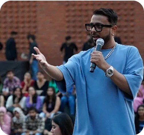 Speaker stage blue shirt