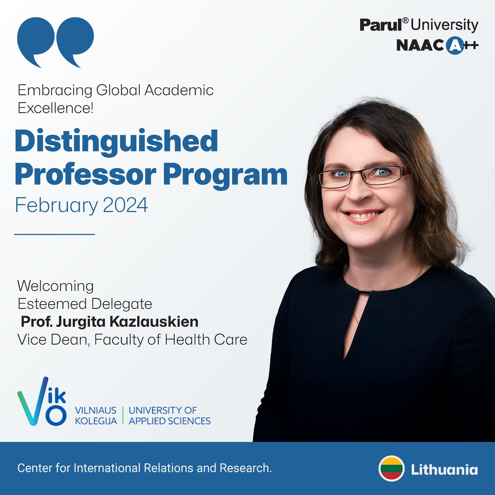 Dr. Jurgita Kazlauskiene visited Parul University, India under Distinguished Professor Program