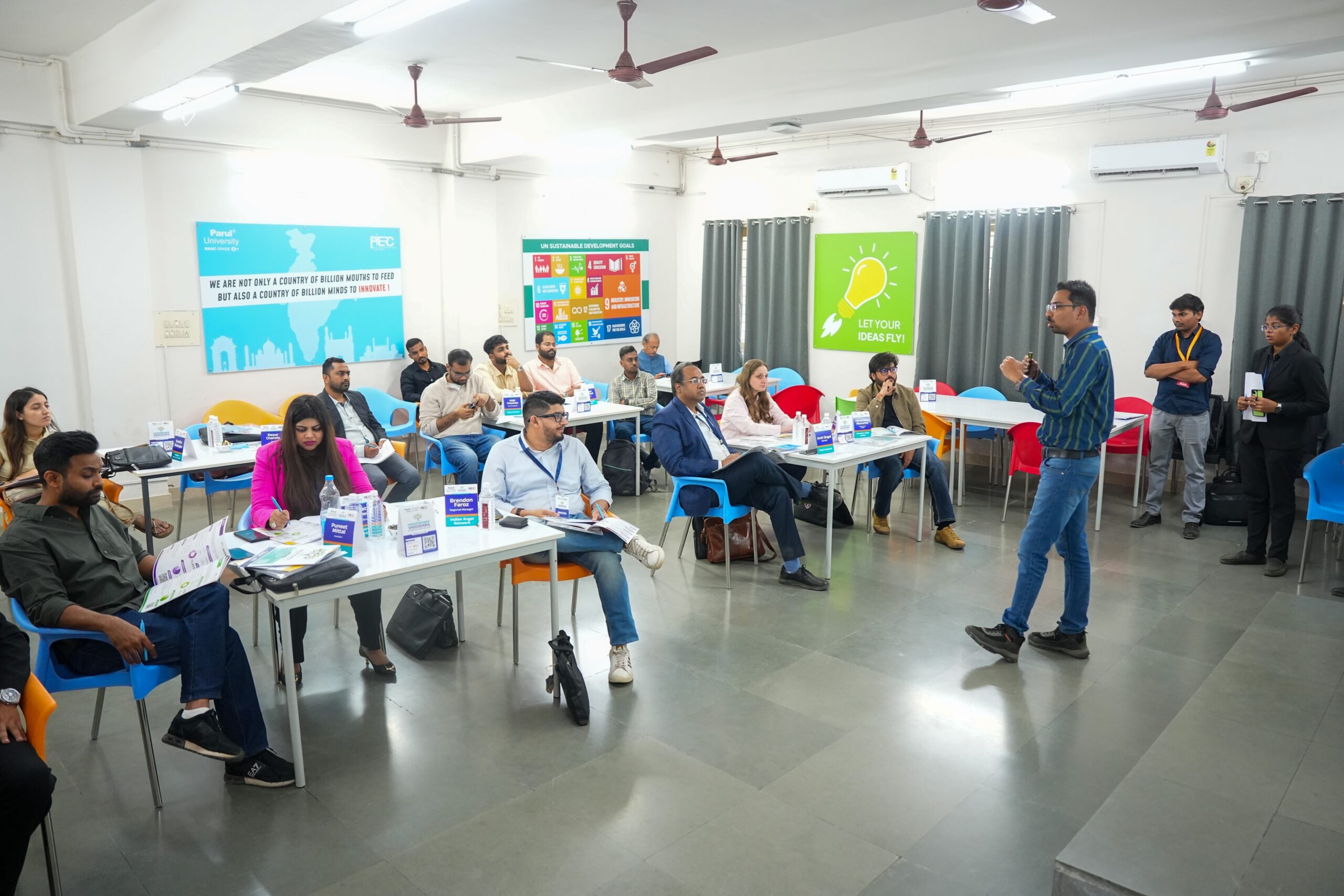 Students working on startup prototypes inside Parul University labs