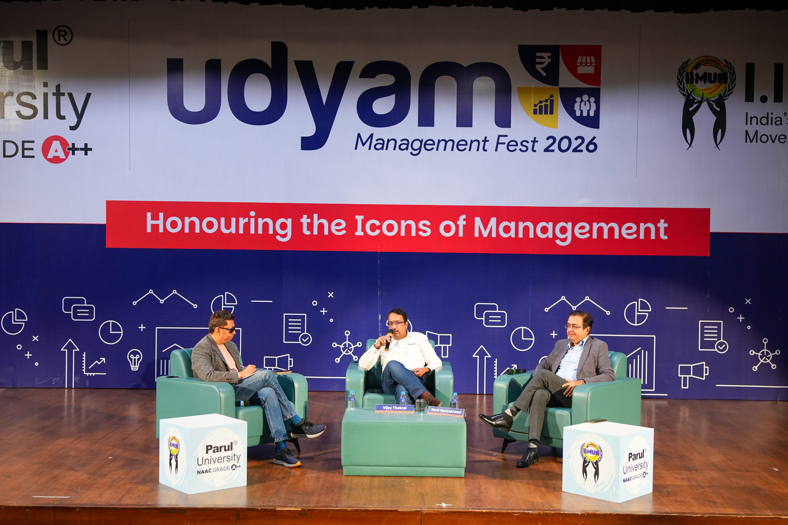 Udyam Fest 2026 speakers panel at Central Auditorium, Parul University Vadodara