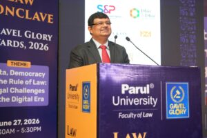 "Justice Tejas Karia of the Delhi High Court delivering the keynote at Law Conclave 2026"