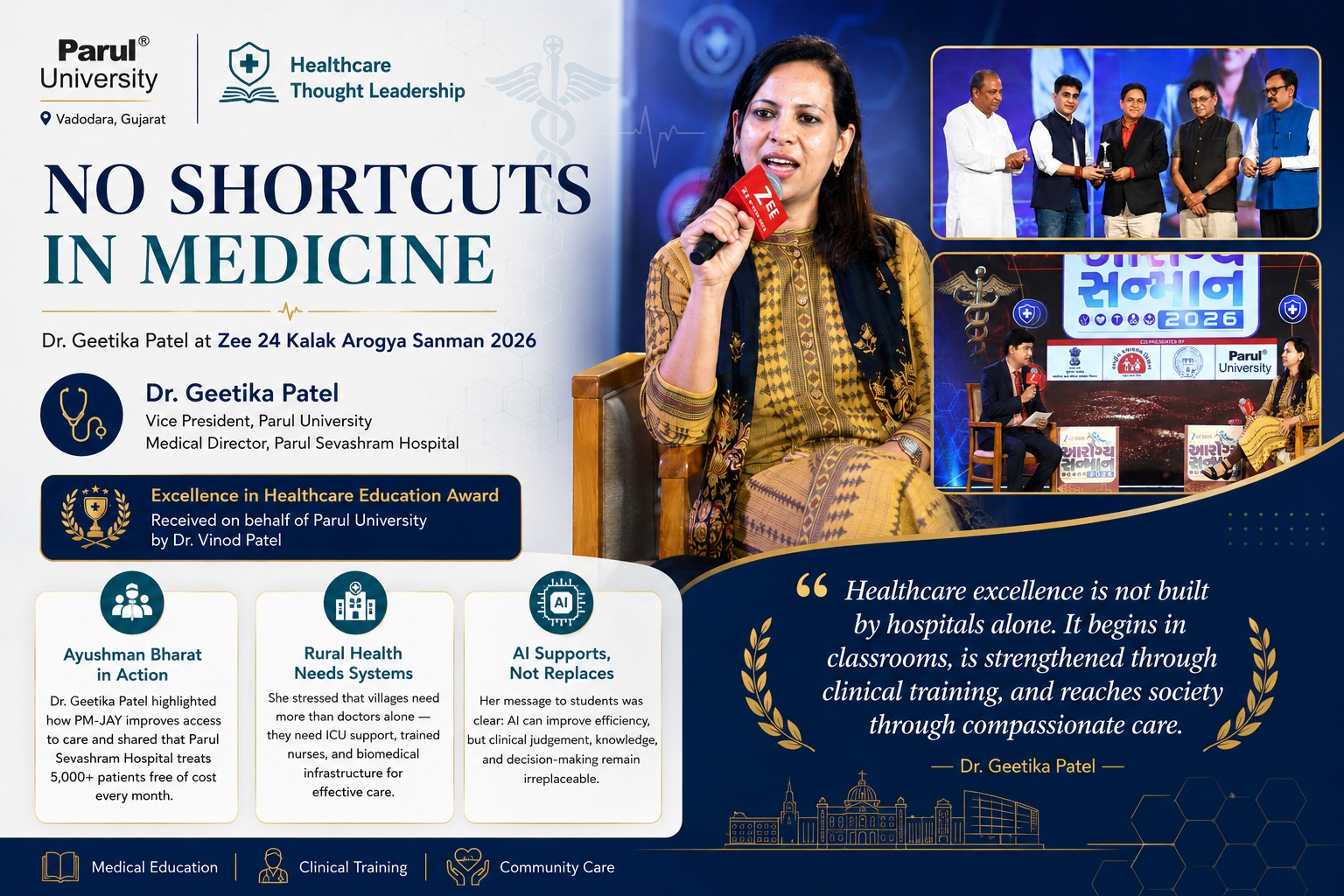 Rural healthcare access and the doctor shortage discussed at the health conclave" | Rural healthcare illustration; caption references the doctor-population gap Dr. Geetika Patel described.