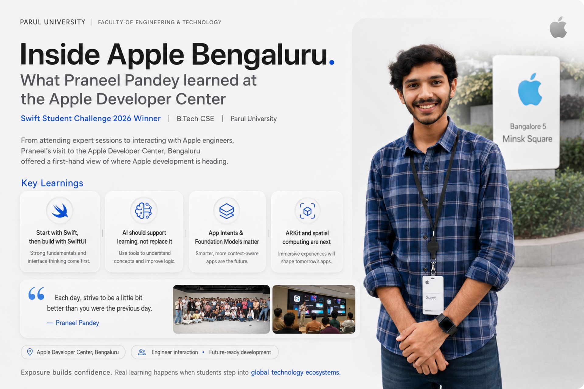 Apple Lab session; caption references hands-on Apple development training at Parul University.