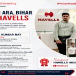 "Parul University MBA Marketing student placed at Havells India Ltd" | Portrait or campus photo of the student, captioned with programme and Havells placement.