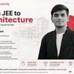 "Pratham Vani, architecture student at Parul University, with his design work" | Student beside his models; caption names Pratham Vani and the architecture programme.