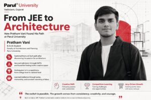 "Pratham Vani, architecture student at Parul University, with his design work" | Student beside his models; caption names Pratham Vani and the architecture programme.