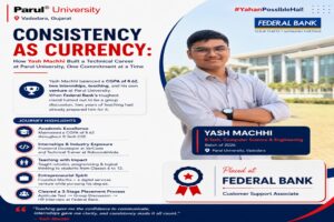 "Yash Machhi, B.Tech CSE student at Parul University, placed at Federal Bank" | Portrait or campus photo of the student, captioned with programme and placement.