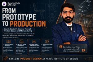Jayesh Gautam, a Parul Institute of Design product design graduate, working hands-on in furniture manufacturing at Kaasthkala.