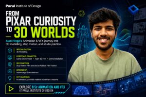 Aum Hinge, a Parul Institute of Design Animation & VFX graduate specialising in 3D modeling, who interned at Assemblage Entertainment.