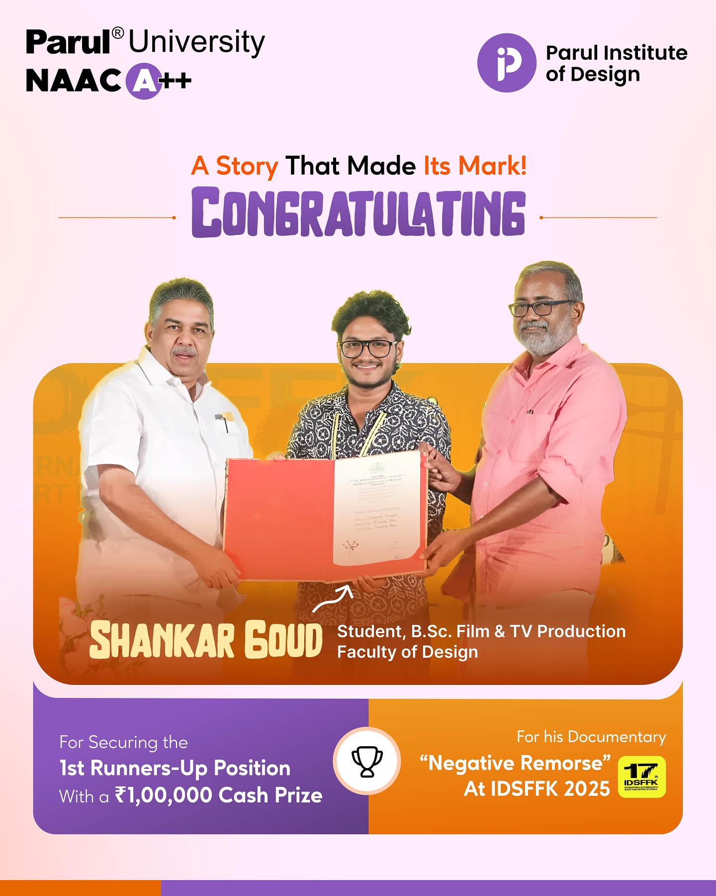 Shankar Goud Wins 2nd Prize at IDSFFK 2025 for His Documentary “Negative Remorse”