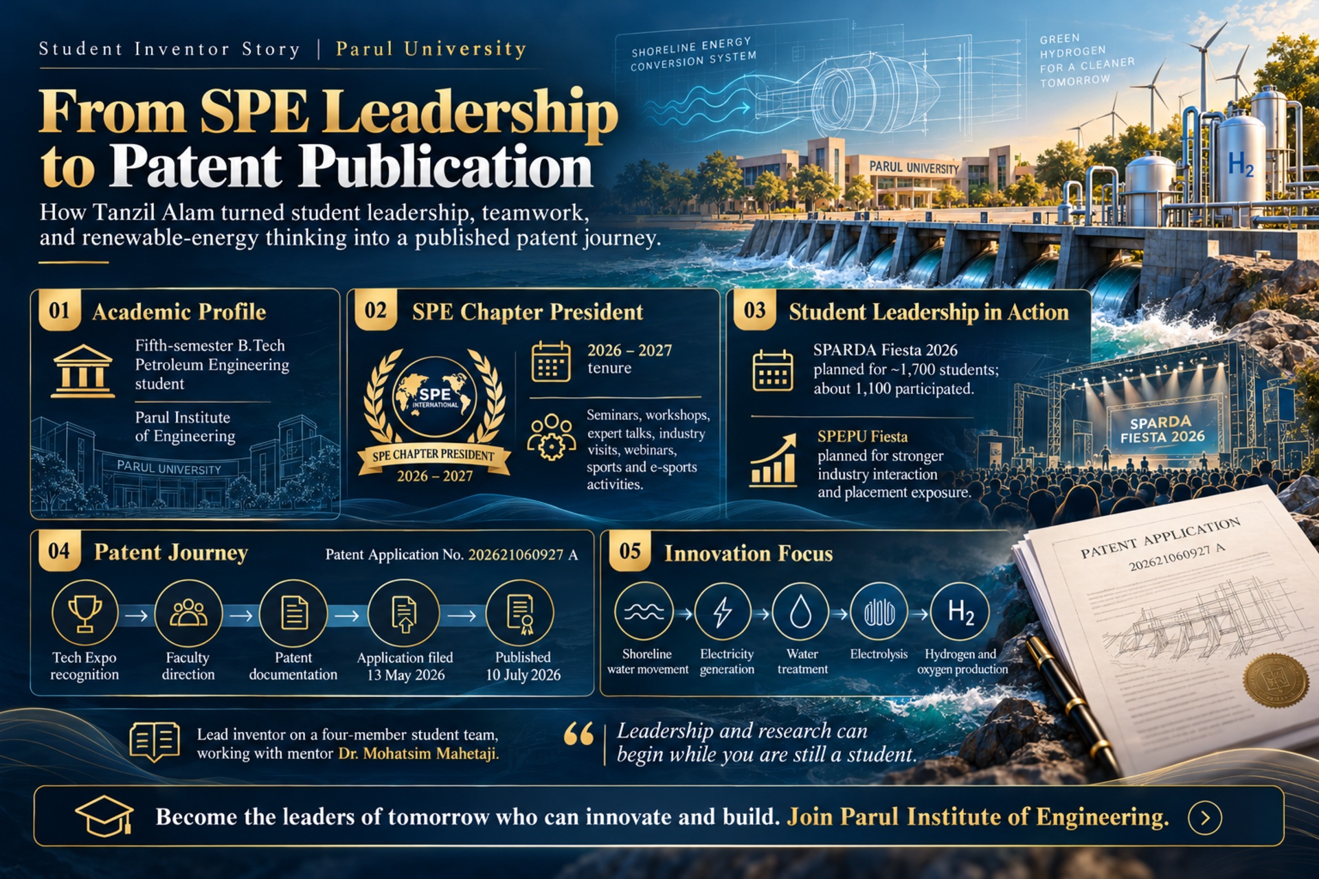 Tanzil Alam of Parul University: SPE Chapter President and Lead Inventor of the Shoreline Hydroelectric Energy Generation System